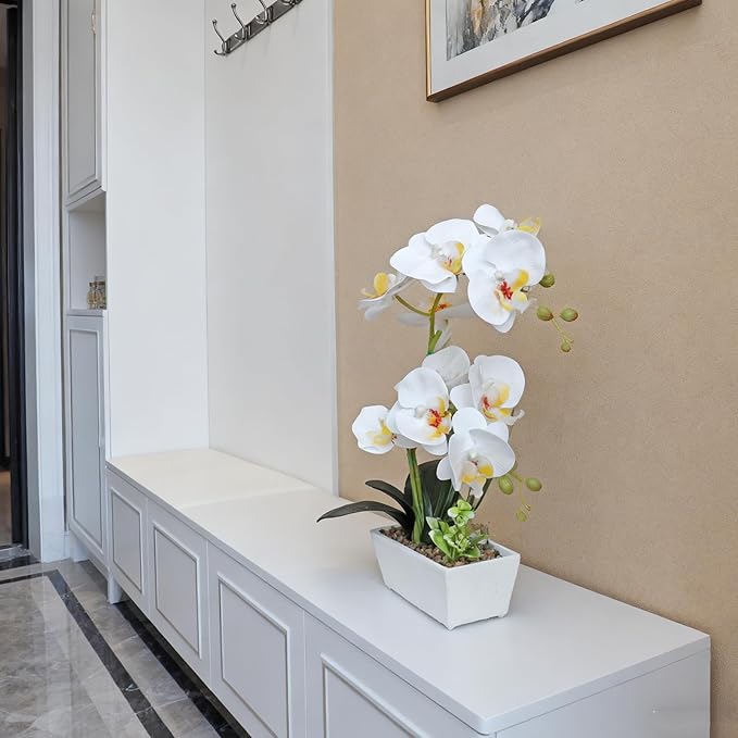 Fake Orchid Realistic Artificial Flowers Real Touch White Orchid Fake Potted Plants For Home Decor Indoor Phalaenopsis Orchids Centerpiece Flower Arrangement Table Decorations For Dining Room Bathroom