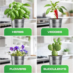 Plexon Herb Planter Indoor Garden Set of 3 with Tray, Metal Herb Pots for Indoor Plants, Round Kitchen Garden Kit Ideal for Windowsill Planter or Countertop, Galvanized Steel