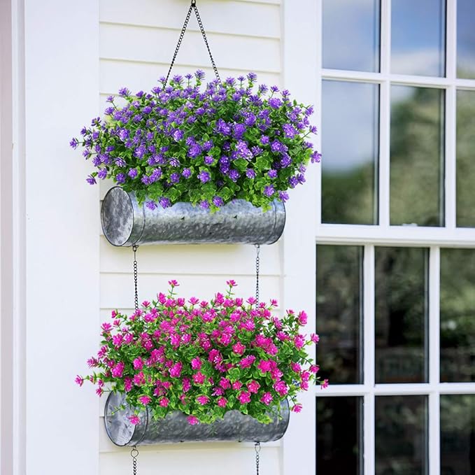 24 Bundles Outdoor Artificial Flowers UV Resistant Fake Boxwood Plants, Faux Greenery for Indoor Outside Hanging Plants Garden Porch Window Box Home Wedding Farmhouse Décor (Purple)