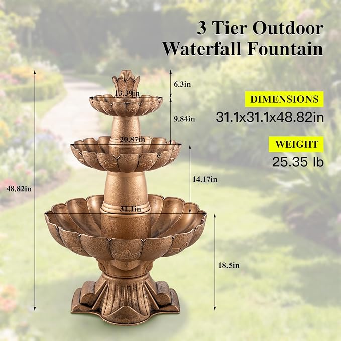 MO 48.8" 3-Tier Freestanding Water Fountain Outdoor Garden, Like Stone Large Bird Bath with Pump, Outdoor Waterfall Feature for Yard Patio Home Decor