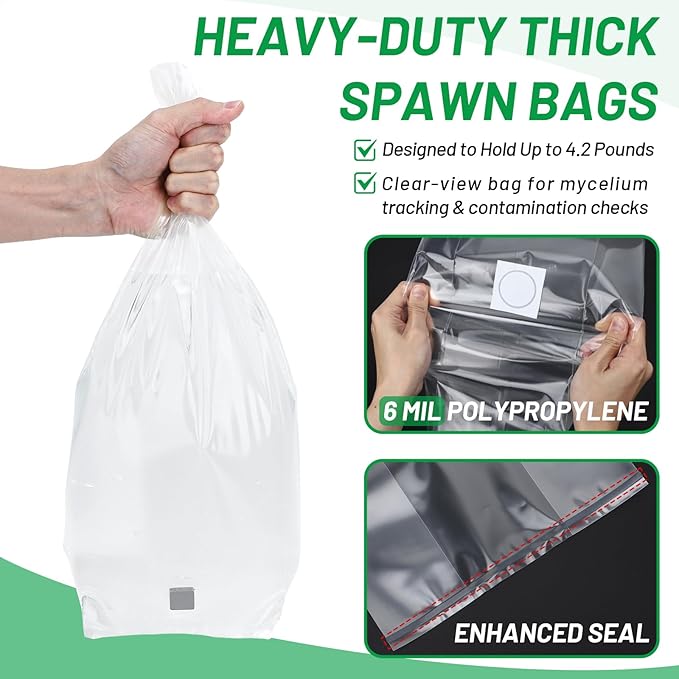 GREANER 6 Mil Grain Spawn Bags 25PCS, 6"x5"x20" Mushroom Bags for Growing with Injection Ports, Unicorn Bags Mushroom with 0.2 Micron Filter Breathable