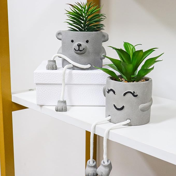 Zerzsy Fake Desk Plants in Cement Pots, Faux Plant Succulents Shelf Decorations, Funny Artificial Succulent Plants for Office Desk Decor, Cubicle Accessories - Set of 2