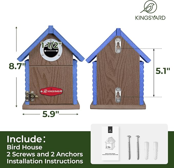 Kingsyard Recycled Plastic Bird House for Outdoors - Weatherproof Nesting Box with Clear View Panel & Predator Guard for Bluebird Wren Swallow Finch, Blue