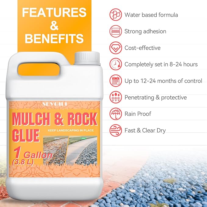 SEVGILI Mulch Glue for Landscaping, 1 Gallon Rock Glue, Long-Lasting Rock Glue for Landscaping Strong Adhesion of Pea Gravel Stabilizer Landscape, Safe for Plants Pets