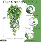 INQCMY Artificial Outdoor Plants Fake Hanging Greenery for Spring Summer Decoration, 4 pcs Realistic Faux Hanging Eucalyptus for Home Outside Garden Porch Patio Planters Basket