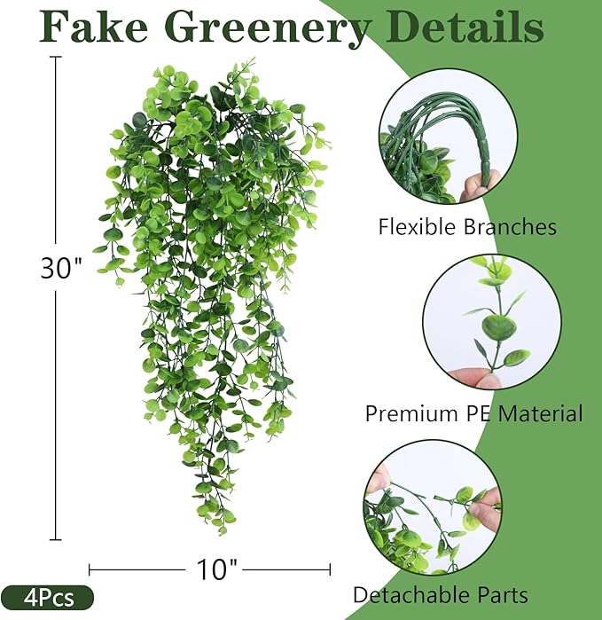 INQCMY Artificial Outdoor Plants Fake Hanging Greenery for Spring Summer Decoration, 4 pcs Realistic Faux Hanging Eucalyptus for Home Outside Garden Porch Patio Planters Basket