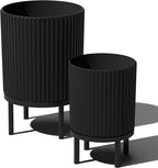 Veradek Demi Series Round Planter w/Stand for Porch/Patio | Durable Plastic-Stone Composite & Wooden Stand | Modern Décor for Tall Plants, Flowers
