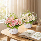 Artificial Flowers Fake Roses with Small Ceramic Vase - Desktop Decoration for Dining Tables, Living Rooms, Bedrooms, Offices for Weddings, Birthdays, Home Decor (White)