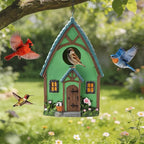 Bird Houses for Outside Green Cottage Resin Birdhouse, Garden Outdoor Decor Bird House with Flower and Stone Details, Birdhouses for Outdoors for Bluebird Finches Cardinals
