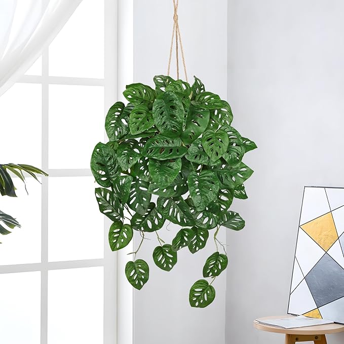 Large Fake Hanging Plants in Pot for Indoor & Outdoor, Long Artificial Monstera Albo Long Plants, 27.6" Fake Potted Vines Ivy Greenery Plant for Room Wall Shelf Decor Living Room Bathroom Patio Porch