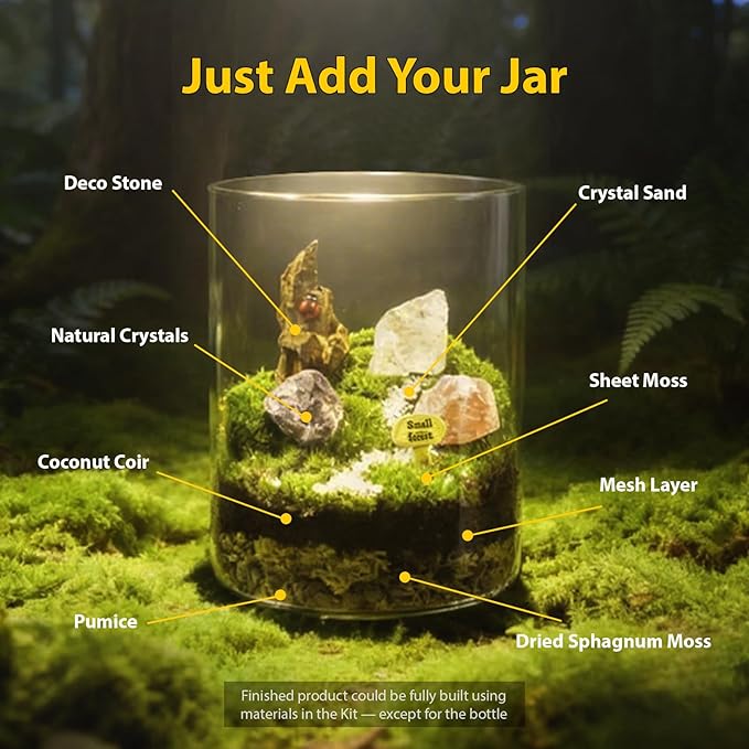 DIY Crystal Terrarium Kit– All-In-One Starter Kit with Preserved Moss, Pumice, Crystals, Coconut Coir, Gardening Tools & Decor | Healing Gift for relaxing | Plants & Crystal Lovers | Home & Desk Decor