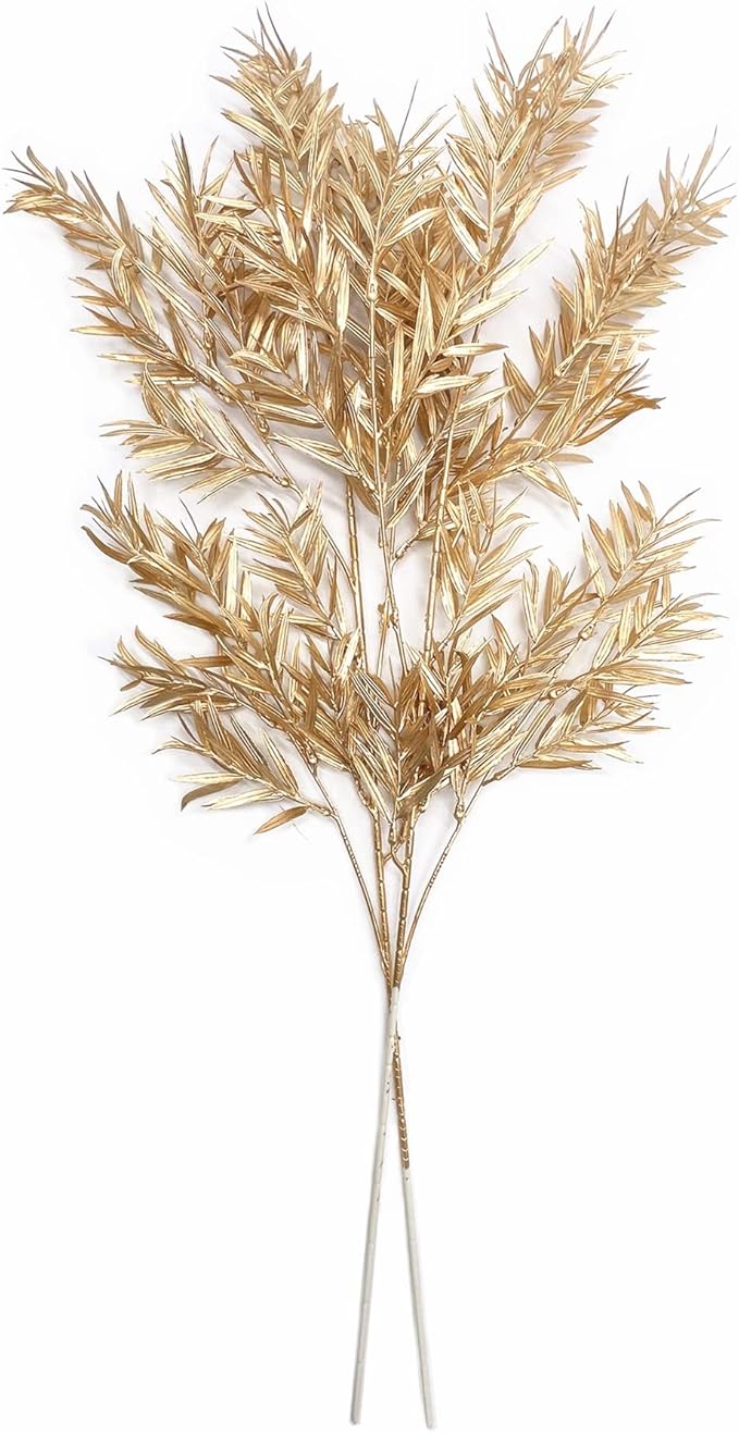 PASYOU Artificial Plants for Christmas Decor, Gold Fake Bamboo Plastic Grass Shrubs Leaves Indoor Outdoor Home Garden Party Hotel Verandah Wedding Event Faux DIY Decoration - 30 Inch Golden 2 Bunches