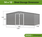 14 x 12FT Sheds & Outdoor Storage,Grey Metal Waterproof Storage Shed with Door and Lock Outdoor Shed,All-Weather Shelter for Bike, Gardening Tools, Lawn Mowers