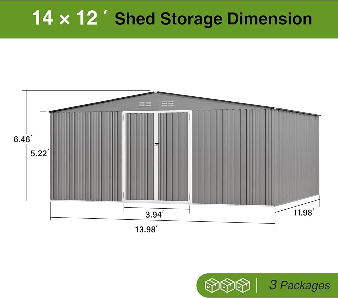 14 x 12FT Sheds & Outdoor Storage,Grey Metal Waterproof Storage Shed with Door and Lock Outdoor Shed,All-Weather Shelter for Bike, Gardening Tools, Lawn Mowers