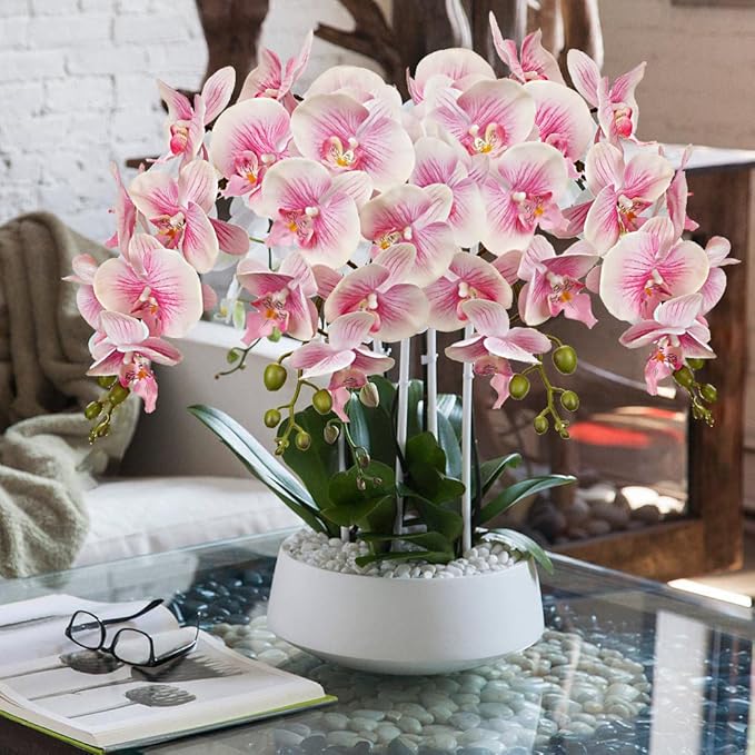 DILATATA 31.5" Faux Orchid Real Touch Signal Stem Phalaenopsis Orchid Spray with 9 Large Flowers for Home Arrangement, Artificial Flowers for Home Decor, Office House Decoration- Pink Orchid 2 Pcs