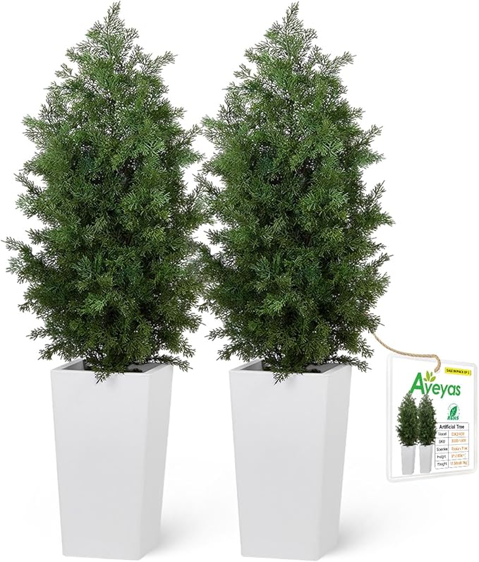 Aveyas 4ft Artificial Cedar Topiary Trees, 4 Feet Faux Potted Plants Evergreen Fake Pine Cypress Tree for Outdoor Porch Home Outside Door Decor (4 ft Tall Including Raised Pot) - Set of 2 Pack