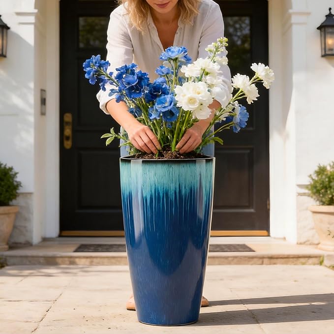 21 inch Tall Planter, Set of 2 Tall Planters for Outdoor & Indoor Plants, Large Outdoor Planters for Front Porch, Patio, Garden (Blue Flowing Glaze)