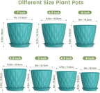 Meowell 7/6.5/6/5.5/5/4.5/4 inch Plant Pots for Indoor Outdoor Plants, 7 Pack Thick Flower Pots with Drainage Holes and Saucers, Modern Wave Texture Small Plastic Planters Nursery Pots, Blue Green