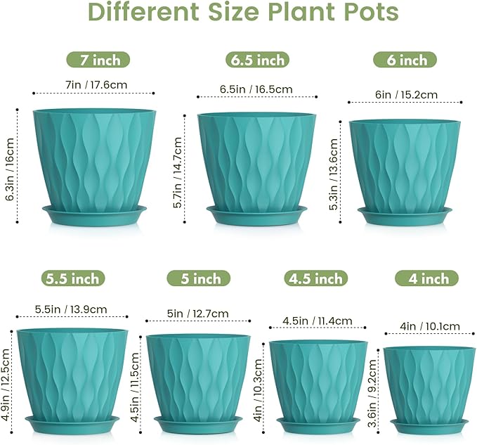 Meowell 7/6.5/6/5.5/5/4.5/4 inch Plant Pots for Indoor Outdoor Plants, 7 Pack Thick Flower Pots with Drainage Holes and Saucers, Modern Wave Texture Small Plastic Planters Nursery Pots, Blue Green