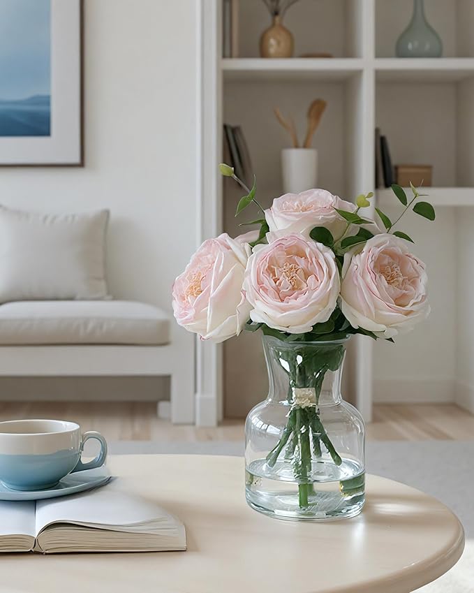 CHASMILE Lifelike Artificial Light Pink Rose Bouquet in Vase - 3D Petals & Stem Design - Table Centerpiece for Wedding, Restaurant, or Home Dining Room