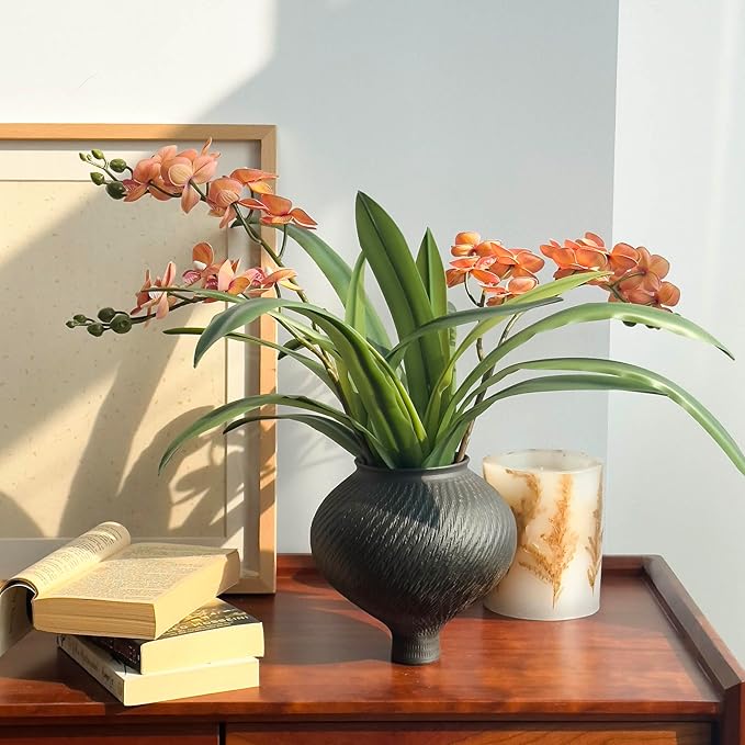 Set of 3pcs Real Touch Artificial Cymbidium Plants with Stems and Roots and 2pcs Orchid Flowers for Pot or Vase, Faux Orchid Stems That Look Real for Indoor Home Office Decor (Grn and YEL)