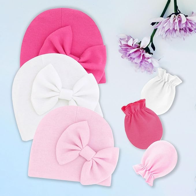 Newborn Baby Hats Mittens Sets Bow Infant Caps Gloves No Scratch Mitten Beanie Set for 0-6 Months Girls
