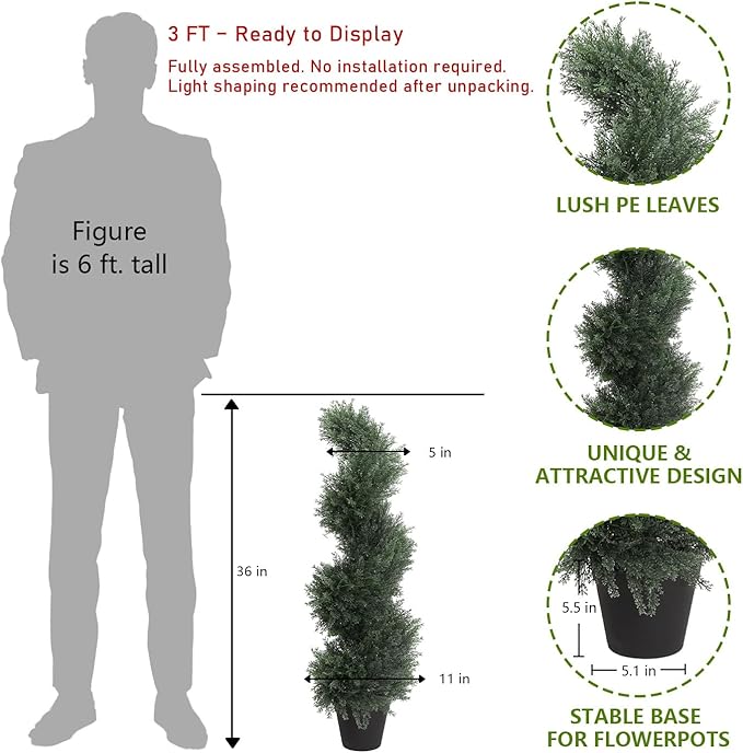 THE BLOOM TIMES 3ft Spiral Artificial Topiary Trees Set of 2, 36 inch Faux Cedar Trees for Outdoor Planters - Fake Twist Cypress Plants for Garden Front Porch Indoor Outside Decor 3 Foot