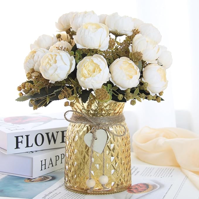 Faux Flowers in Vase,Fake Flowers in Vase 21 Pcs Faux Peony Flowers,Artificial Flowers for Home Decor, Indoor Centerpiece for Living Room & Dining Table (White)