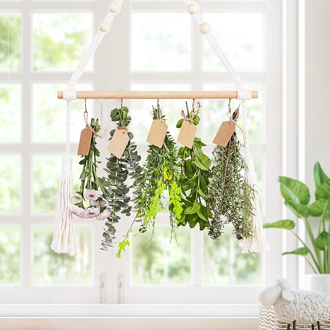 3Tier Herb Drying Rack Flower Drying with 25PCS Brown Gift Tags and 32ft Natural Jute Twine herb Dryer,Herb Drying Rack,Hanging Herb Dryer Rack, Ivory