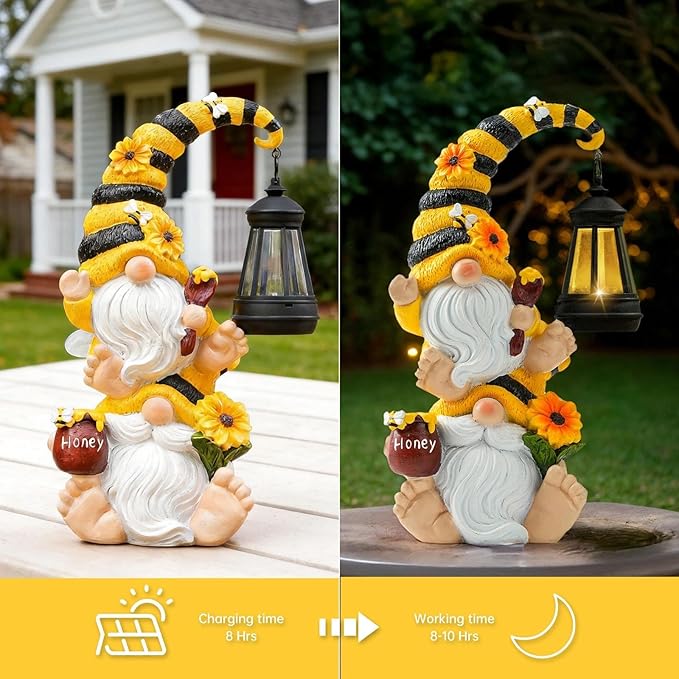 Solar Bee Garden Gnomes with LED Lantern – Waterproof Stacked Outdoor Decor for Yard, Patio – Unique Gnome Gift for Women, Mom, Grandma (Weatherproof Resin, Outdoor Statues)