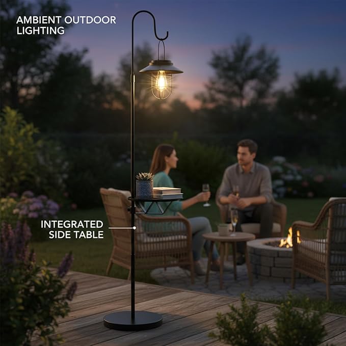 Kirschblüte Solar Floor Lamp with Table, 60" Outdoor Shepherd Hook with Solar Light Waterproof Metal Side Table for Patio, Heavy Duty Solar Pole Light for Garden, Deck, Porch and Backyard Decor