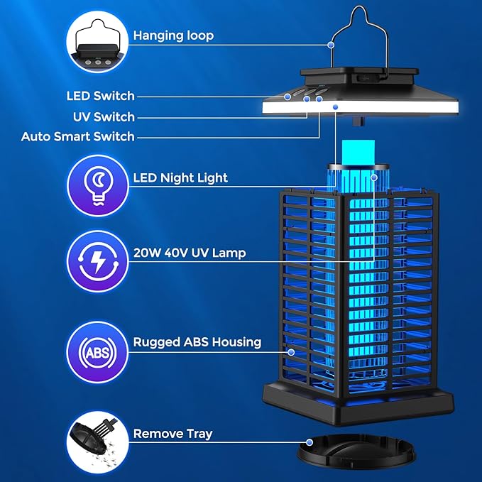 Bug Zapper Outdoor, Mosquito Zapper 3 in 1 Rechargeable Bug Zapper Outdoor with 5000mAh Battery & LED Night Light, 4000V Electric Fly Zapper for Outside,Patio,Backyard,Garden Black