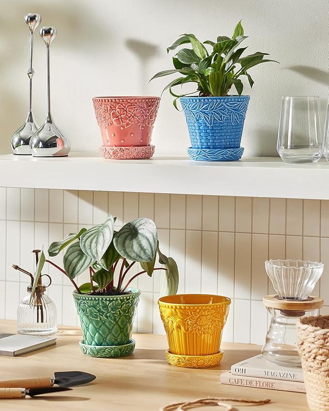 Metahom Ceramic Plant Pots, 4.9 Inch Flower Pots with Drainage Hole & Saucer, Colorful Planter Pots for Indoor Plants, Small Pots for Succulent, Catus, Home Decor, Set of 4, Assorted Colors