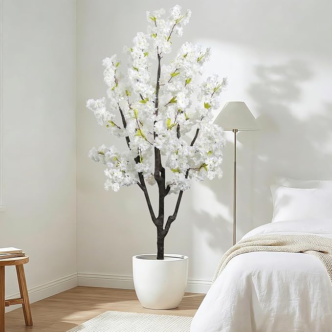 Faux White Cherry Blossom 6ft(72in) Artificial Floor Green Plant for Indoor Decor Natural Potted Tree with Texture Flowers Realistic Wood Trunk for Home Living Room,Office Perfect Housewarming Gift
