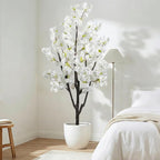 Faux White Cherry Blossom 6ft(72in) Artificial Floor Green Plant for Indoor Decor Natural Potted Tree with Texture Flowers Realistic Wood Trunk for Home Living Room,Office Perfect Housewarming Gift