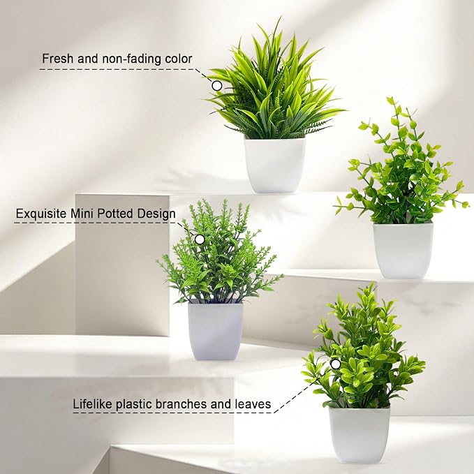 SZC&MFZ Mini Artificial Potted Plants Fake Plants,4 PCS Faux Potted Plants for Room,Home, Bathroom, Bedroom, Living Room, Kitchen and Office Decoration.