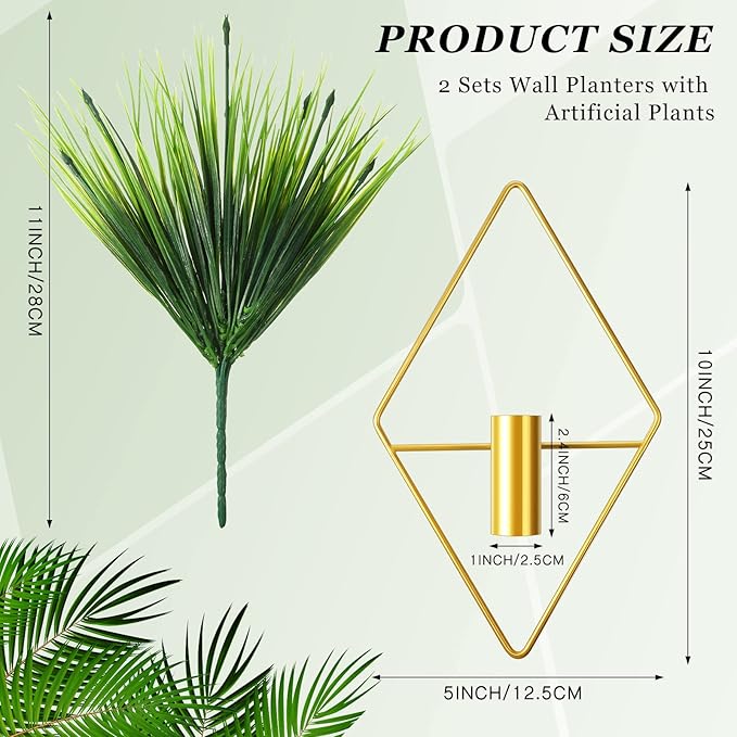 Canlierr 2 Pieces Gold Wall Decor Hanging Planters with Artificial Plants Metal Vase Indoor Plants Holder Modern Geometric Wall Art for Home Bathroom Bedroom Living Room Office(Aquatic Plant,Small)