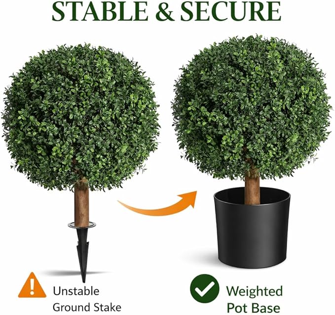Artificial Boxwood Topiary Trees Set of 2, 26" Tall UV Resistant Real Touch Faux Plants in Pots for Front Porch, Entryway & Patio Decor