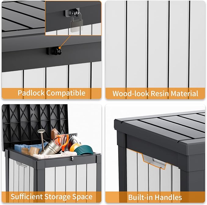 PatioZen 50 Gallon Resin Deck Box, Lockable Patio Outdoor Storage Box for Furniture, Garden Tools and Tools Storage, Waterproof Outside Storage Boxes - Black&White