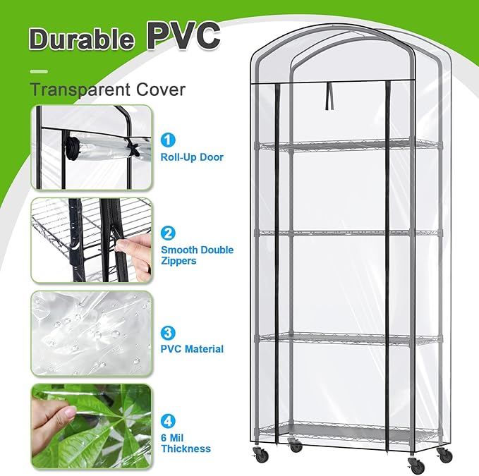 Abimars 4-Tier Greenhouse with Wheels, Height-Adjustable Shelves Metal Plant Shelf with PVC Cover for Seed Starting Trays, Seedling Pots, Plant Pots, 13x29x73inch
