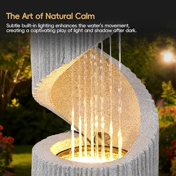 30" H Outdoor Water Fountain with LED Light, S-Shaped Modern Curved Outdoor Fountain, Spiral Column Fountain, Decorative Waterfall Feature with Flat Top Plant Display for Garden, Patio Decor