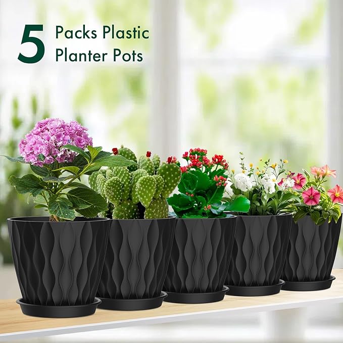 Meowell 6 inch Plant Pots, 5 Pack Flower Pots for Indoor Outdoor Plants, Water Ripples Plastic Planters with Drainage Holes and Saucers, Nursery Pots for Small Succulent Garden House Plants, Black