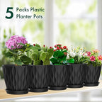 Meowell 6 inch Plant Pots, 5 Pack Flower Pots for Indoor Outdoor Plants, Water Ripples Plastic Planters with Drainage Holes and Saucers, Nursery Pots for Small Succulent Garden House Plants, Black