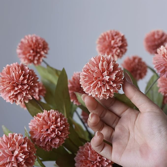 VIERENA 6 Pcs Faux Silk Pompon Mum Artificial Flowers for Vase -27", Bulk Fake Chrysanth Branches with Stems for DIY Bouquet Centerpieces Wedding Fillers Arrangements Shower Decorations (Dusty Pink)