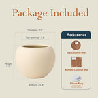 9.7" H x 12" D Premium Globo Fiberstone Round Planter with Drainage Hole, Weather Resistant for Indoor and Outdoor Use, Included 2 Extra Coco Mats (Kilim Beige, 7.8" Pot Opening)