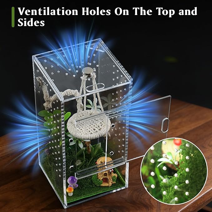 Jumping Spider Enclosure Kit, Small Acrylic Reptile Terrarium with Magnetic Door, Bug Habitat with 30 Pcs Jumping Spider Accessories for Tarantula, Mantis, Small Reptiles, 4" x 4" x 8"