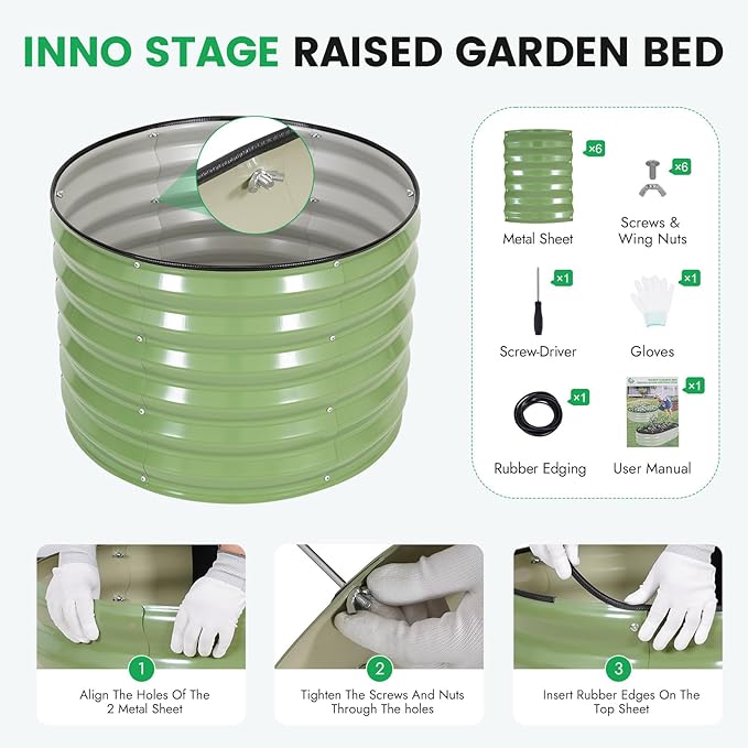INNO STAGE 3 Pcs Round Galvanized Raised Garden Bed — 2×2×1.4ft Planter Box Outdoor Raised Beds Kit for Gardening Vegetables, Fruits, Herbs, and Flowers, Olive Green