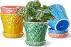 Metahom Ceramic Plant Pots, 4.9 Inch Flower Pots with Drainage Hole & Saucer, Colorful Planter Pots for Indoor Plants, Small Pots for Succulent, Catus, Home Decor, Set of 4, Assorted Colors