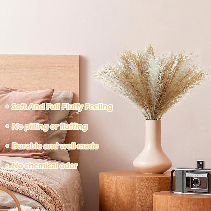 SeptCat 60 Pcs Pampas Grass Decor 21.7" Fluffy Faux Short Brown White Pampas Grass Artificial Small Pompas Grass Flower Vase Filler for Home Wedding Decoration