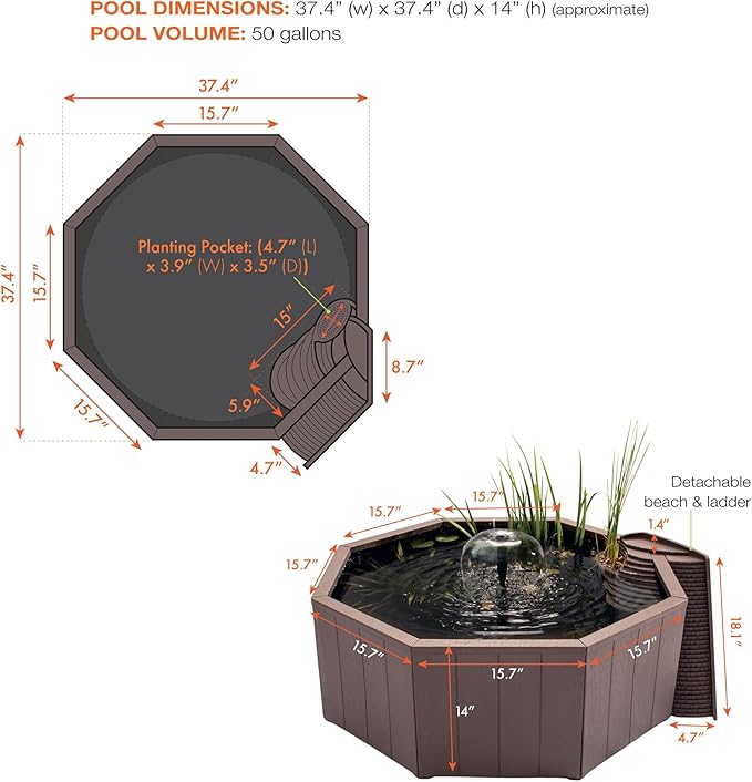 Aquagarden No Dig Nature Pool, Complete Water Feature Kit, Attract Birds and Wildlife to Your Yard, Includes Pond Structure, Liner, Fountain Pump, Nature Ladder, Planting Pocket